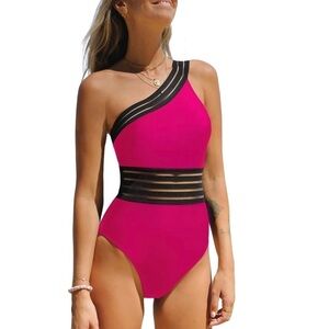 NEW Cupshe Barbie Pink One Shoulder Mesh One Piece Swimsuit Tummy Control Size S